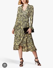 Karen Millen Yellow Snakeskin Wrap Midi Dress - UK 10