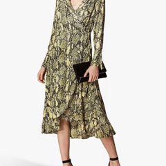 Karen Millen Yellow Snakeskin Wrap Midi Dress - UK 10