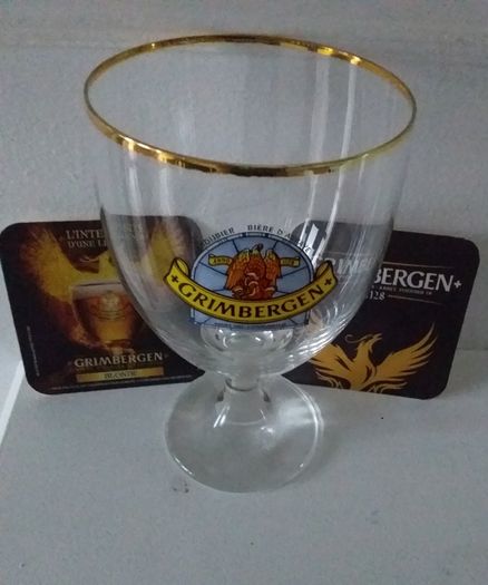 Grimbergen Half Litre , Gold Rimmed Goblet Style , Beer Glass and 2 Beer Mats