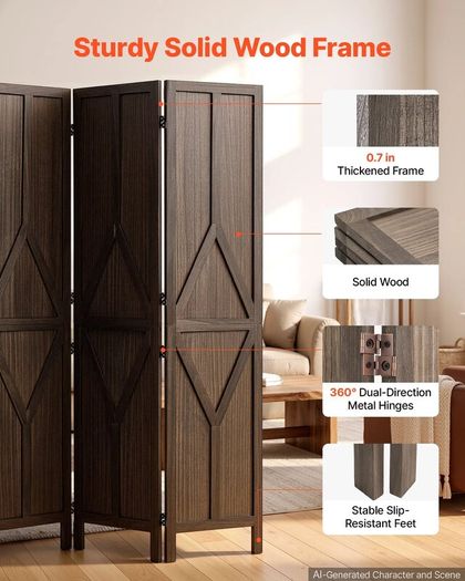 Wood Room Divider 4 Panels Wood Folding Privacy Screen Y Pattern, For Room Separation & Home Decor,1702 mm Tall, Solid Frame, 360 Two-Way Hinges, Rustic Wooden Partition with Hardware