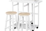 Foldable Kitchen Trolley Island Set with Casters 2 Barstool Chairs Folding Table Drop Leaf Storable Bottom Apartment Dorm
