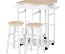 Foldable Kitchen Trolley Island Set with Casters 2 Barstool Chairs Folding Table Drop Leaf Storable Bottom Apartment Dorm