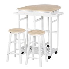 Foldable Kitchen Trolley Island Set with Casters 2 Barstool Chairs Folding Table Drop Leaf Storable Bottom Apartment Dorm