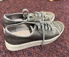 Katy Perry 2x "The Stacker" platform Glitter Effect Silver & Black Women/Girl Trainer Shoe