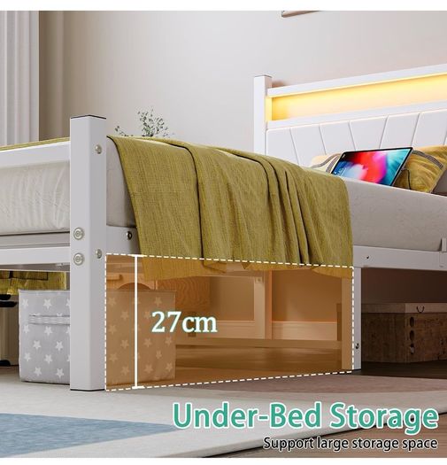 3FT Single Bed Frame with Storage Headboard, White Metal Platform Upholstered Bed frame USB Charging Station,Heavy Duty Metal Bed with LED Lights,Easy Assembly