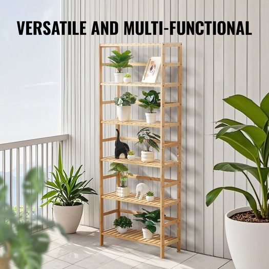 6 Tier Bamboo Bookshelf Display Storage Rack Organizer, Freestanding