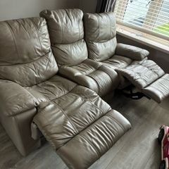 3 + 1 seater taupe grey leather sofa.