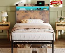 3ft Single Bed Frame with Storage Wooden Headboard, LED Light & Charging Station, Platform Metal Bed Frame Single with Underbed Storage, Strong Metal Slat Support