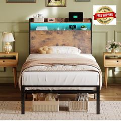 3ft Single Bed Frame with Storage Wooden Headboard, LED Light & Charging Station, Platform Metal Bed Frame Single with Underbed Storage, Strong Metal Slat Support