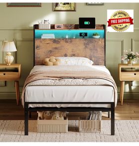 3ft Single Bed Frame with Storage Wooden Headboard, LED Light & Charging Station, Platform Metal Bed Frame Single with Underbed Storage, Strong Metal Slat Support