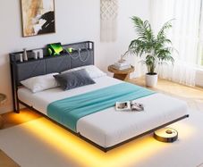 Floating Double Metal Bed Frame with LED Lights & USB Charging Station