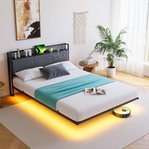 Floating Double Metal Bed Frame with LED Lights & USB Charging Station