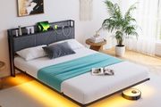 Double Metal Bed Frame with LED Lights &amp; USB Charging Station, 135x190cm Metal Platform Bed Frame