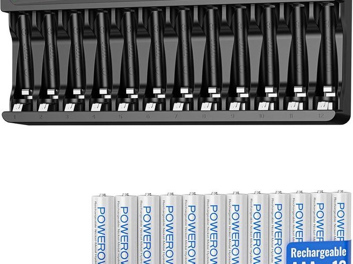 12 Pcs 1000mAh AAA Rechargeable Batteries with Charger Set | 12 Slot Smart Battery Charger Set, Type C Input 5V 2A Charging for Ni-MH Rechargeable Batteries