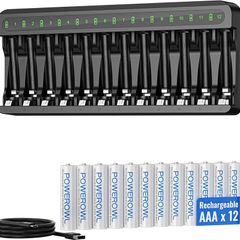 12 Pcs 1000mAh AAA Rechargeable Batteries with Charger Set | 12 Slot Smart Battery Charger Set, Type C Input 5V 2A Charging for Ni-MH Rechargeable Batteries