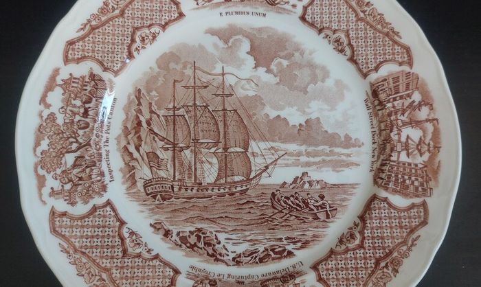 Vintage Set of Six Brown and White Fair Winds, Historical Scenes of Chinese Export to America - "The George Washington at Anchor" Salad Plates by Alfred Meakin