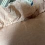New bespoke 100% linen frill French monogram D cushion in blush with feather insert Image 8