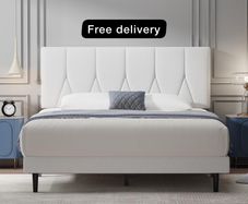 King Bed Frame, White, Upholstered Wooden Slat