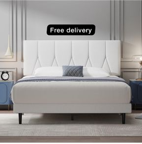 King Bed Frame, White, Upholstered Wooden Slat