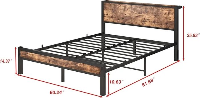 King Size Bed Frame with Storage Wooden Headboard, Metal Bed Frame Kingsize Bed Base/Mattress Foundation, Enhanced Support Noise Free, Textured Black+Brown Oak