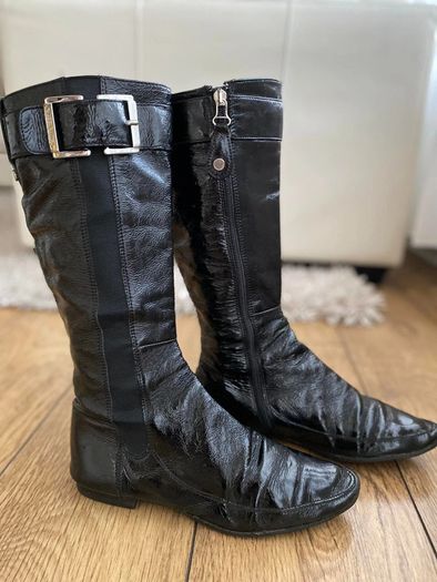 KAREN MILLEN Black Patent Leather Buckle Trim Calf-Length Flat Boots UK 4.5 / EU 37