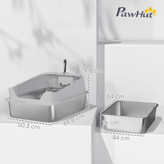 XXL Stainless Steel Cat Litter Box with High Sides, Metal Scoop, 70 x 50 x 30 cm