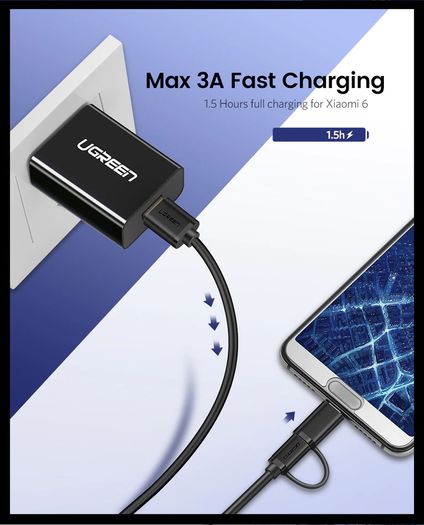Ugreen 1M 2-in-1 (USB-C & Micro USB) QC 3.0 Fast Charger & Data Sync Gold Plated Cable (Brand New/Warranty)