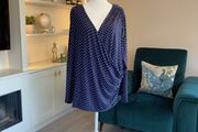 Navy Blue White Polka Dot Print V Neck Ruched Faux Wrap Top Blouse from So Fabulous