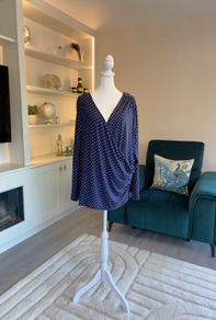 Navy Blue White Polka Dot Print V Neck Ruched Faux Wrap Top Blouse from So Fabulous