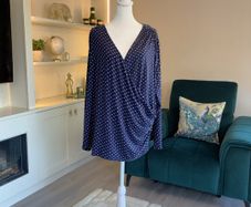 Navy Blue White Polka Dot Print V Neck Ruched Faux Wrap Top Blouse from So Fabulous