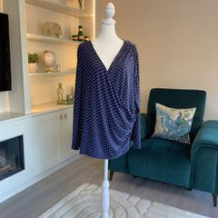 Navy Blue White Polka Dot Print V Neck Ruched Faux Wrap Top Blouse from So Fabulous