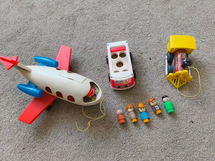 Vintage 1960s/1970s Fisher-Price Toy Lot - Jet, Mini-Bus, Train & 5 Figures
