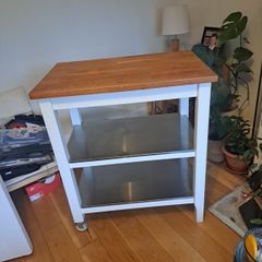 IKEA STENSTORP Kitchen Island  Solid Oak Top & Stainless Steel Shelves