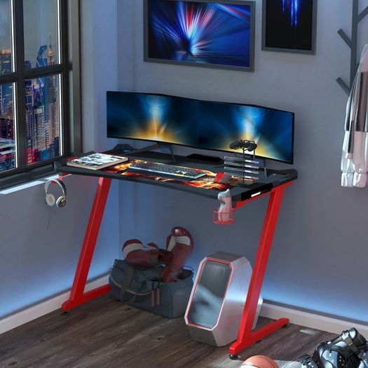 Gaming Computer Table, 122cm Width w/Cup Holder, Headphone Hook, Gamepad Holder, Cable Management Red Black
