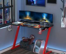 Gaming Computer Table, 122cm Width w/Cup Holder, Headphone Hook, Gamepad Holder, Cable Management Red Black