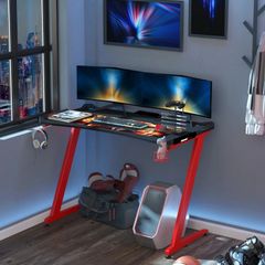 Gaming Computer Table, 122cm Width w/Cup Holder, Headphone Hook, Gamepad Holder, Cable Management Red Black