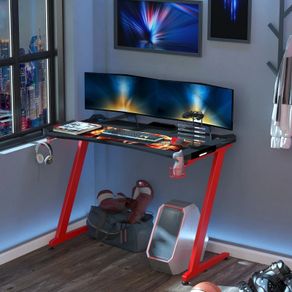 Gaming Computer Table, 122cm Width w/Cup Holder, Headphone Hook, Gamepad Holder, Cable Management Red Black