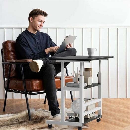Adjustable Height Computer Desk with Wheels, C Shaped Laptop Table with 2 Shelves, Overbed Table for Bedroom, Sofa, Home Office, Living Room 60x37x60-90cm, Black