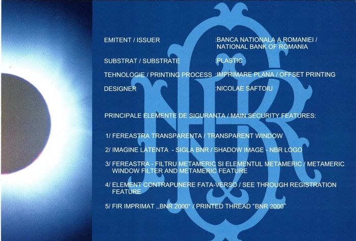1999 Romania 2000 Lei Polymer Banknote P111b Solar Eclipse Polymer Folder