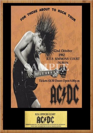 AC/DC concert poster + ticket RDS Dublin 1982 A3 size replica