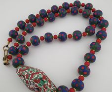 Antique Venetian Trade Beads Eye Glass, WhiteHeart & Millefiori Pendant Necklace