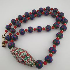 Antique Venetian Trade Beads Eye Glass, WhiteHeart & Millefiori Pendant Necklace