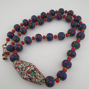 Antique Venetian Trade Beads Eye Glass, WhiteHeart & Millefiori Pendant Necklace