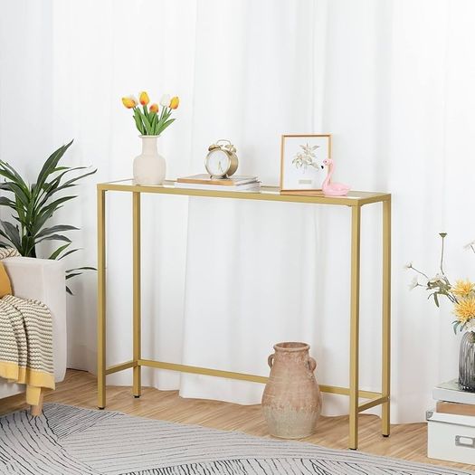 Gold Console Table for Hallway Slim, 100 cm Tempered Glass Sofa Table, Slim Hallway Table, Glass Console Table, Modern Display Table for Living Room, Entryway, Metal Frame