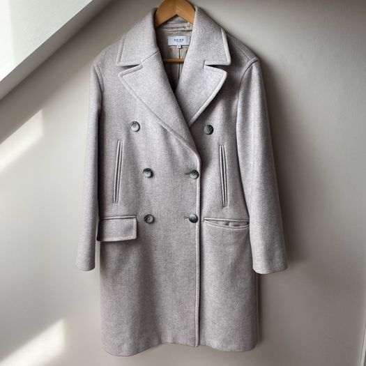 Reiss Tailored Double Breasted Wool Blend Coat Light Gray Melange (Size M) Like New