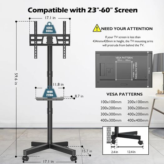 Mobile TV Stand on Wheels, Rolling TV Cart with Media Shelf, TV Mount Stand with Tilt, 2 Level Height Adjustable Low Profile Design for 23 60in LED/LCD/OLED TVs, Holds 25kg, Max VESA 400x400mm