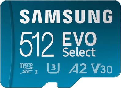 Samsung EVO Select 512GB microSDXC UHS-I U3 130MB/s Full HD and 4K UHD Memory Card inc. SD-Adapter (MB-ME512KA/EU), Blue