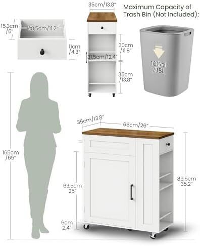 Rolling Kitchen Island Cart with Storage Space Kitchen Island Table with Trash Can, 5 Swivel Castors, Drawer, Spice Rack and Towel Holder for Kitchen