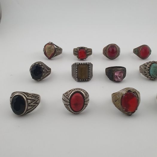Lot of 15 Antique Tribal Style Brass Rings Mixed Stone & Colourful Glass