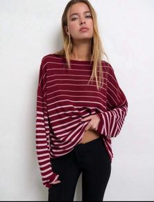 Noista x SHEIN Burgundy Striped Oversized Top Size L (UK 14 Loose Fit)